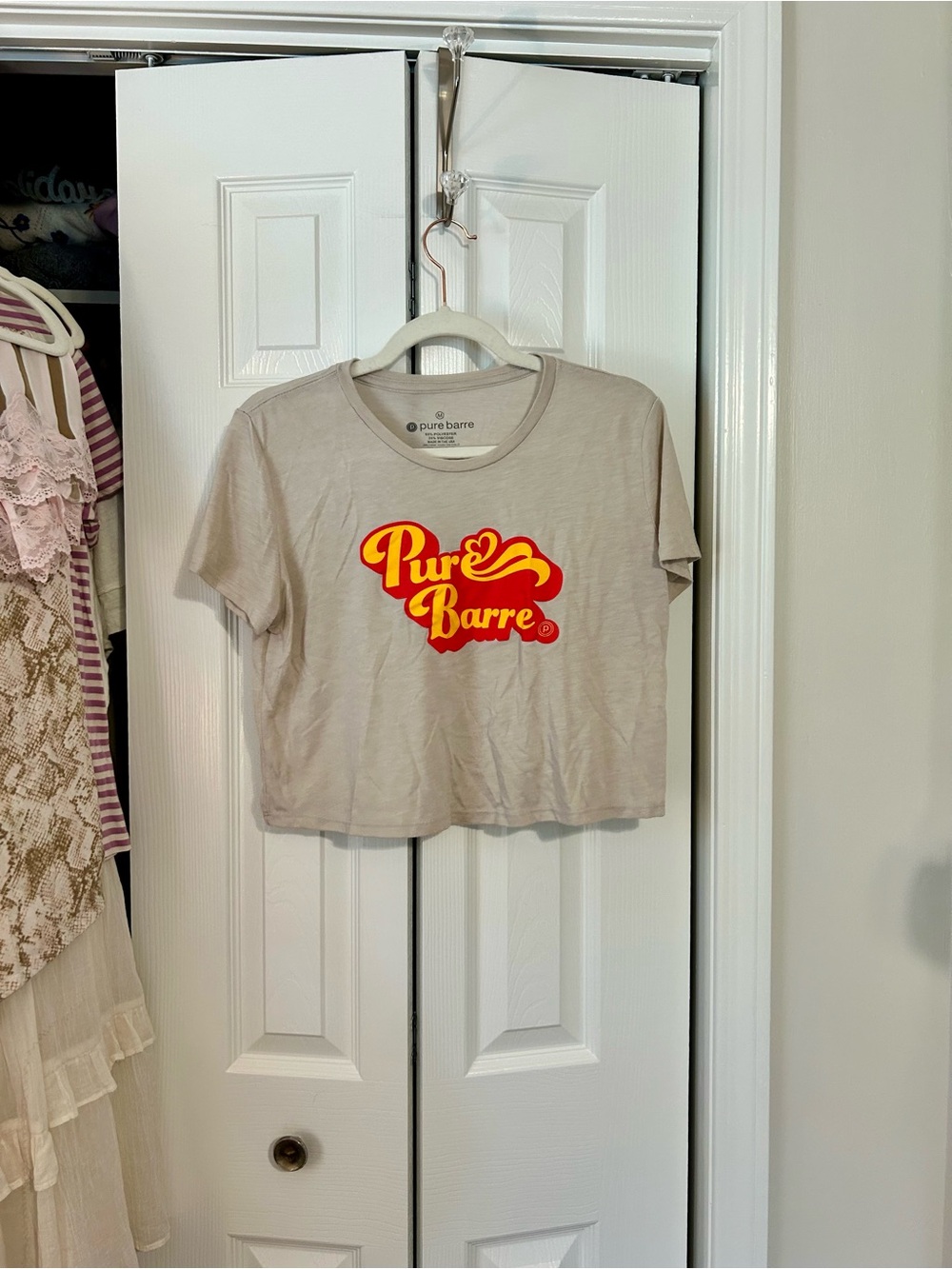 Pure Barre Beige Crop Tee with Red and Yellow Logo